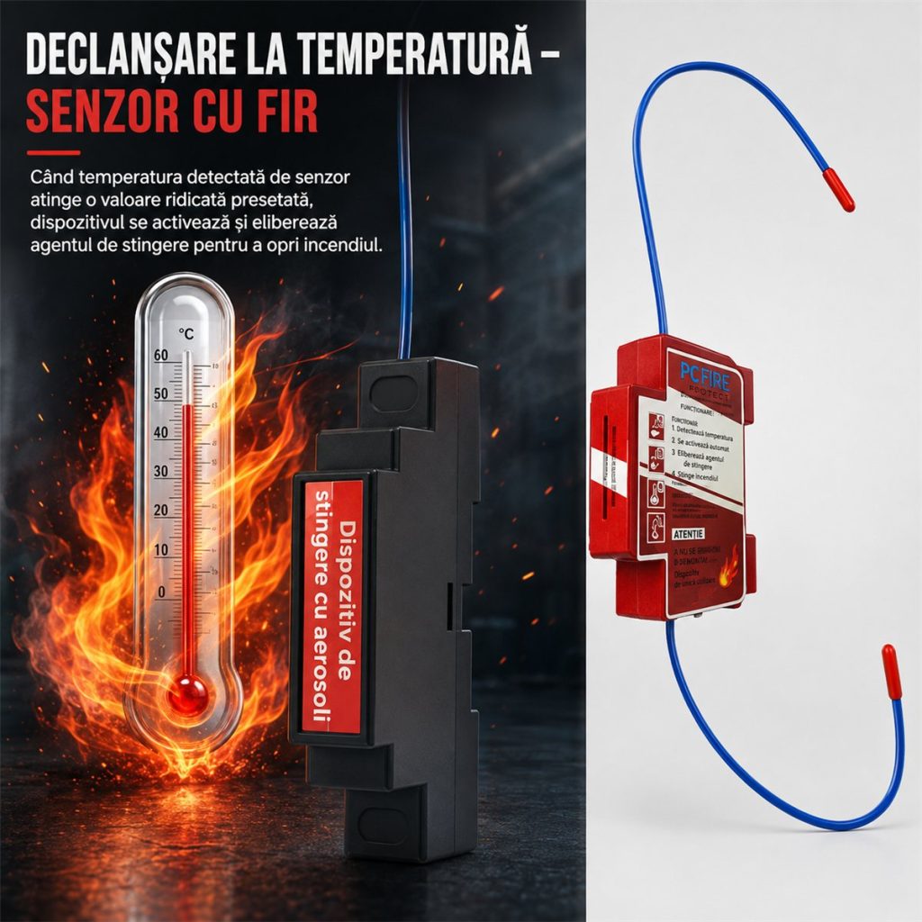 Dispozitiv automat de stingere a incendiilor cu aerosoli montat pe șină DIN, cu fir termosensibil de declanșare