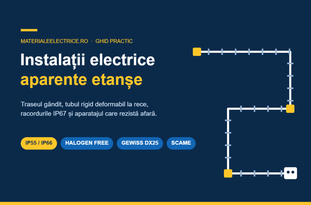 Instalație electrică aparentă etanșă: traseu de tuburi rigide cu doze de derivație și priză IP66
